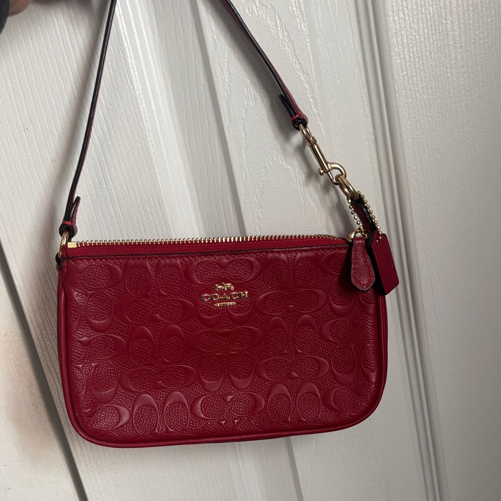 Coach Red Embossed Leather Wristlet Clutch with Gold Hardware
